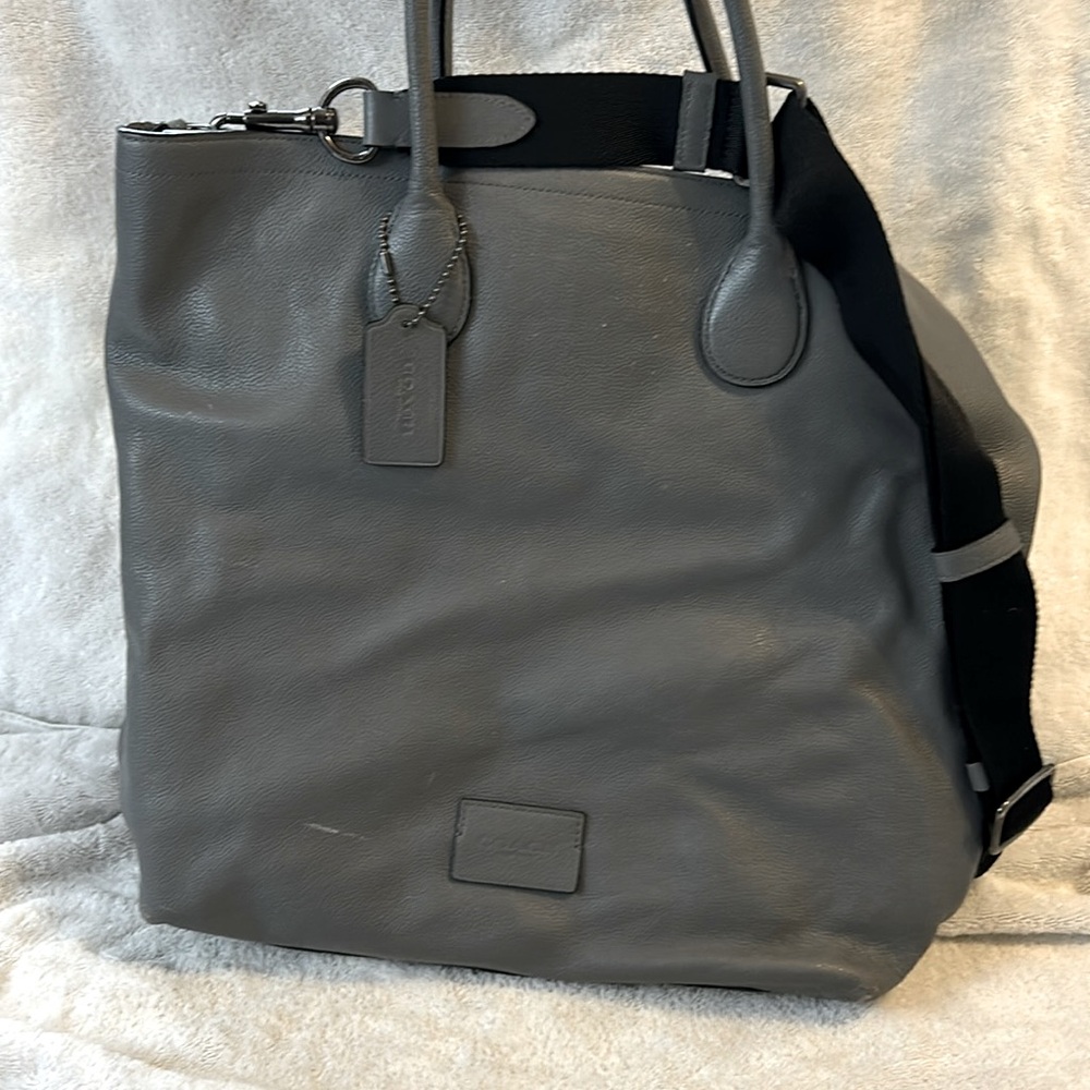 Grey leather coach bag, large with adjustable shoulder strap